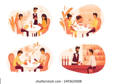 People eating at restaurant illustrations set. Couple in love at romantic evening date. Lonely man drinking at bar. Happy young family having dinner at home. Colleagues, students at lunch break