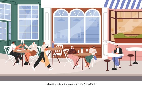 People eating at restaurant summer terrace. Customers sitting at European cafe tables, waiting order outdoor. Characters outside, at coffee shop patio. City street facades. Flat vector illustration