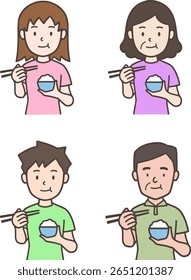 Pessoas Comendo Arroz com Chopsticks Conjunto de Ilustração
