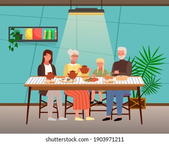 People are eating russian food outdoors. Relatives have dinner with borscht in the restaurant. Characters taste traditional dishes flat vector illustration. Dining table with pancakes and buns