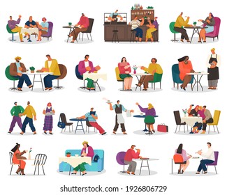 People eating scenes set. Friends or business partners are sitting in cafe or restaurant at a table eating and drinking, have dinner. Cheerful company of people man and women in the club having fun