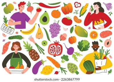 People eating, selling and buying fruit and vegetable, hand drawn collection of organic healthy food, doodle icons of avocado, mango, bell pepper, vector illustrations of men and women with vegetables