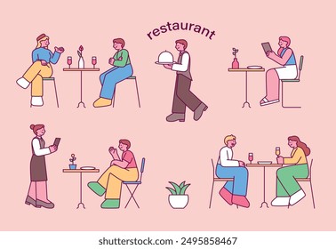 People eating and serving food in a restaurant. outline simple vector illustration.