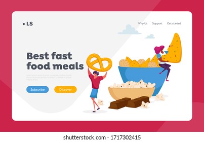 People Eating Snack and Fast Food in Cafe, Junk Meal and Unhealthy Nutrition Landing Page Template. Tiny Female Character Taking Cookies and Pretzel from Huge Plate. Cartoon Vector Illustration