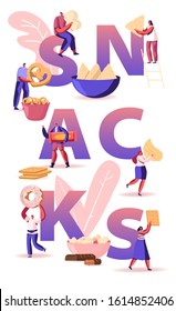 People Eating Snacks Concept. Tiny Male and Female Characters Enjoying Different Dry Appetizers Pretzel Biscuits Chips Sweets and Donuts Poster Banner Flyer Brochure. Cartoon Flat Vector Illustration