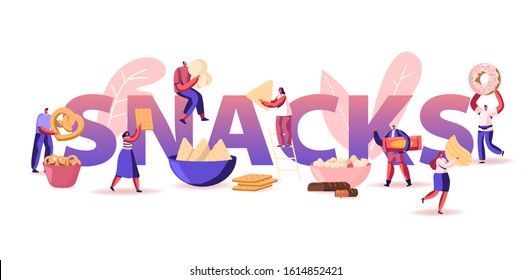 People Eating Snacks Concept. Tiny Male and Female Characters Enjoying Different Dry Appetizers Pretzel Biscuits Chips Sweets and Donuts Poster Banner Flyer Brochure. Cartoon Flat Vector Illustration