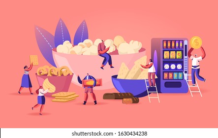 People Eating Snacks Concept. Tiny Male and Female Characters Enjoying Different Dry Appetizers Pop Corn, Pretzel Biscuits Chips Sweets and Donuts, Vending Machine. Cartoon Flat Vector Illustration