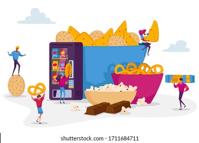 People Eating Snacks Concept. Tiny Male and Female Characters Enjoying Different Dry Appetizers Pop Corn, Pretzel Biscuits Chips Sweets Bars and Donuts in Vending Machine. Cartoon Vector Illustration