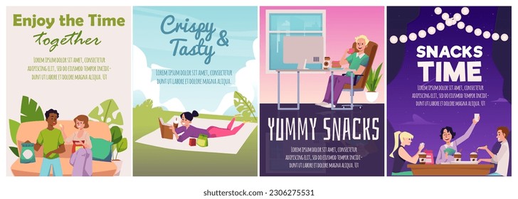 People eating snacks - poster sets, flat vector illustration. Characters having fun together with friends and eating donuts and chips, drinking coffee. Woman relaxing on picnic with snacks and book.