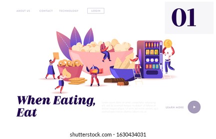 People Eating Snacks Website Landing Page. Characters Enjoying Dry Appetizers Pop Corn, Pretzel Biscuits Chips Sweets and Donuts, Vending Machine Web Page Banner. Cartoon Flat Vector Illustration