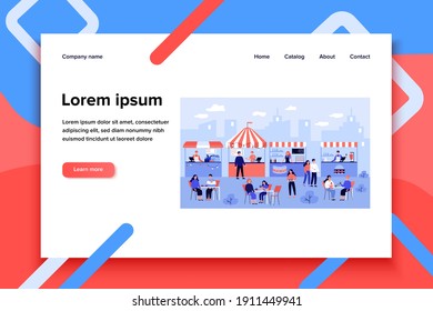 People eating at street food court, visiting festival in park, buying fast food in kiosks. Vector illustration for food market, summer, catering concept