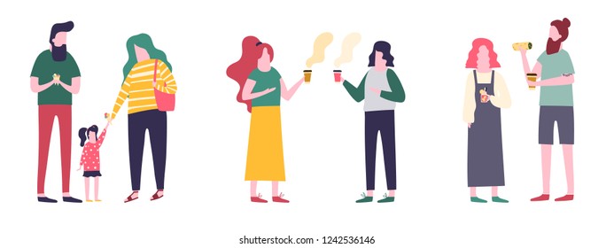 People eating street food and drinking, talking to each other. Family and friends. Flat cartoon illustration. Stock vector