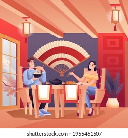 People eating sushi in Japanese restaurant. Young man and woman sitting at table on date with food and tea. Asian traditional cuisine vector illustration. Modern interior design.