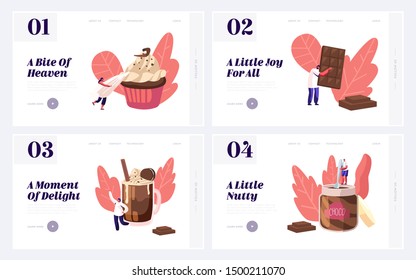 People Eating Sweet Chocolate Food Website Landing Page Set. Tiny Characters among Huge Choco Dessert Dishes in Confectionery or Bakery Shop Concept Web Page Banner. Cartoon Flat Vector Illustration
