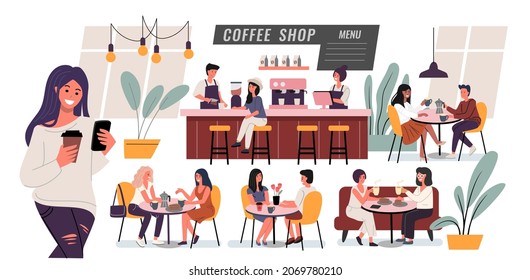 People eating at table in coffee shop. Cartoon vector character. Woman and man talking, drink coffee