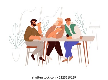 People eating at table, sitting and talking in fast food bistro at leisure time. Men and woman friends having meal, hot dogs together. Flat graphic vector illustration isolated on white background