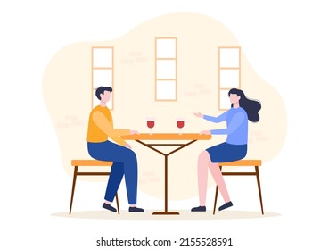 Gente comiendo, hablando, bebiendo y trabajando en mesas en cafe o restaurante en caricatura plana Ilustración