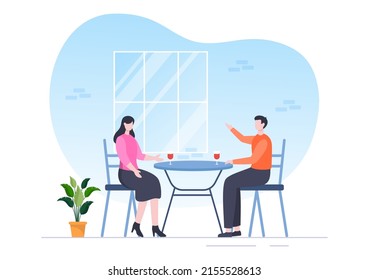 Gente comiendo, hablando, bebiendo y trabajando en mesas en cafe o restaurante en caricatura plana Ilustración
