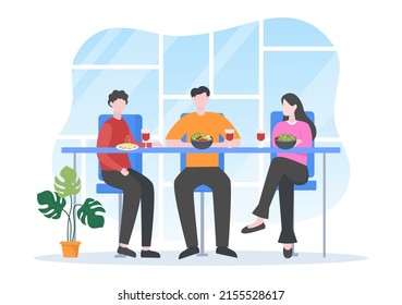 Gente comiendo, hablando, bebiendo y trabajando en mesas en cafe o restaurante en caricatura plana Ilustración