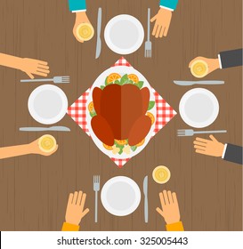 People eating turkey, table  top view vector illustration