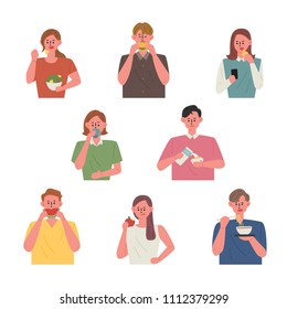 people eating various foods. flat design style vector graphic illustration set