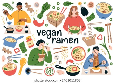 People eating vegan chinese food, vegetarian ramen hand drawn collection, plant based Asian noodles, vector illustrations of bowls with Korean and Japanese food, noodle soup with vegetable toppings