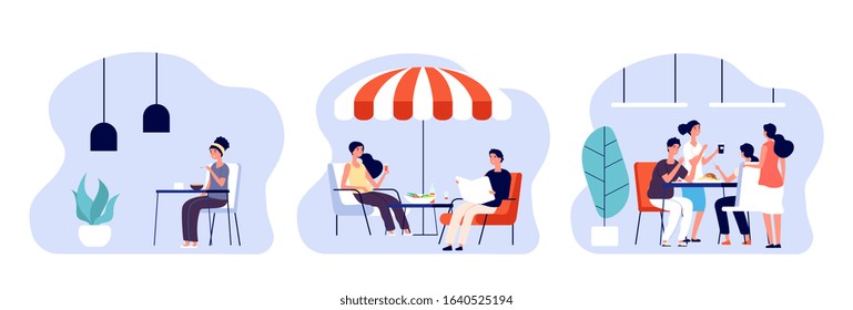 People Eating. Women Man Have Lunch, Breakfast Or Dinner In Different Places. Cafe, Restaurant And Office Dining Room. Dating And Meeting Vector Illustration