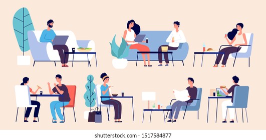 People Eating. Women Men Relax With Food. Flat Vector People In Restaurant, Cafe, Food Court