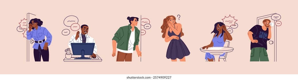 People are eavesdropping gossips set. Curious characters overhear, listen to conversation under door, wall. Interested men and women with hand on ear hear rumors. Flat isolated vector illustrations