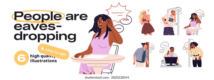 People are eavesdropping set. Curious men and women listen to gossip. Interested characters overhear dialog. Shocked person with a hand on ear hears news. Flat isolated vector illustrations in white