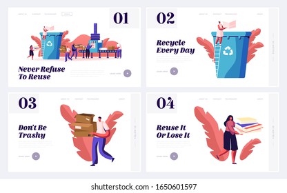 People Eco Activists Earth Pollution and Wastepaper Recycling Website Landing Page Set. Volunteers Sorting Paper Waste for Reuse, Ecology Protection Web Page Banner. Cartoon Flat Vector Illustration