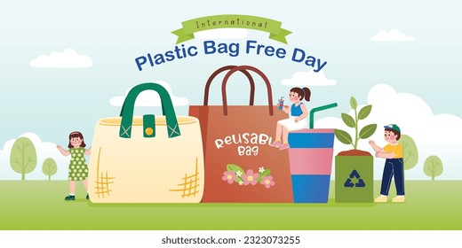People With Eco Bag And Reusable Tumbler On Clean Air Pollution Background, Vector, Illustration