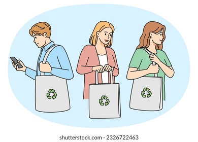 People with eco bags care about nature preservation and environment. Men and women with textile shopper. Zero waste concept. Vector illustration.