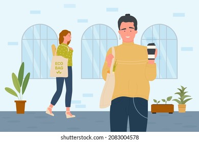 People with eco bags walk on city street vector illustration. Cartoon young woman carrying bag with french baguette after shopping at grocery store, man drinking hot coffee from mug background