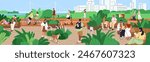 People in eco city park landscape. Characters walking, jogging, riding bicycles and scooters, enjoying summer weekend lifestyle. Men and women during outdoor rest, relax. Flat vector illustration
