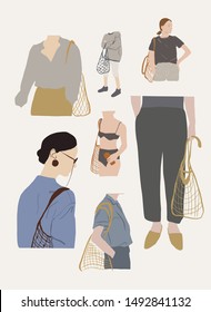 people with eco food bags. Hand drawn fashion illustration - set with flat people figure in trendy simple style. 