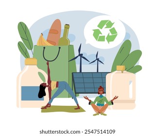 People with eco life. Women practice yoga near solar batteries, oil and natural products. Zero waste and sustainable lifestyle. Flat vector illustration isolated on white background