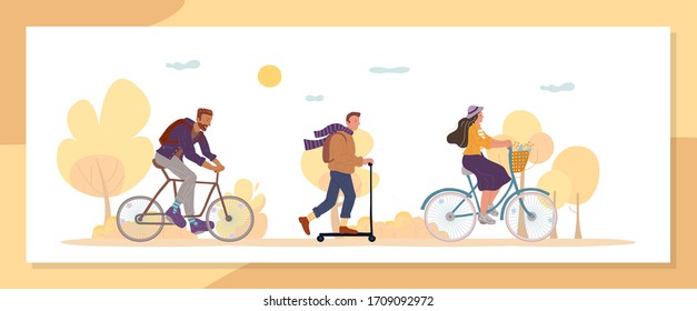 Transporte ecológico de la gente en otoño. Un estilo de vida sano y activo. Hombre mujer de diferente edad moviéndose por patinetes ecológicos, bicicleta. Entorno ecológico. Ciclismo, ejercicios de fitness. Parque, campo