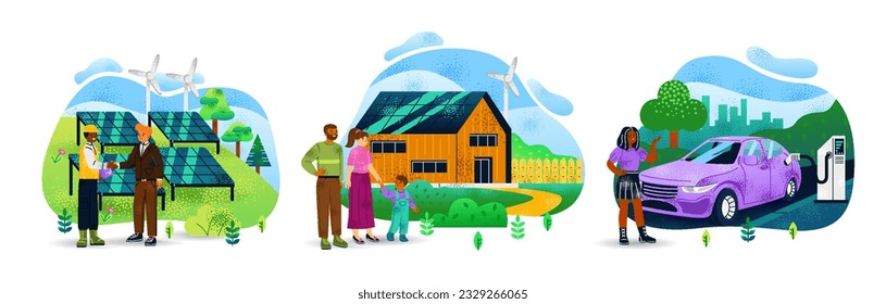 People and ecology set. Characters care about environment and lead sustainable lifestyle. Eco houses and solar panels, charge electric cars. Cartoon flat vector collection isolated on white background