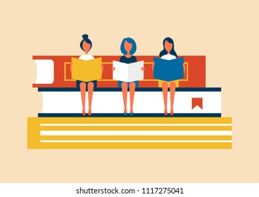 People editing written text, newspapers and article corrections of women sitting on big books with bookmarks, isolated on yellow vector illustration