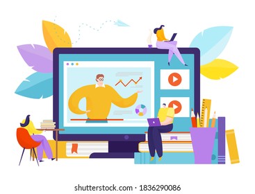 People at education by computer, online course in laptop vector illustration. Distance internet student in flat web school. Study knowledge technology, learning with university teacher.