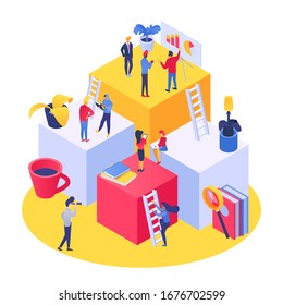 People education concept with tiny people learning and training, books university or college students vector illustration. School, educational project, graduation. Teacher educates students.