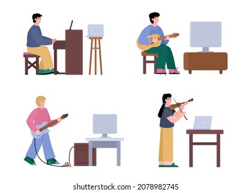 People education or create video online music lessons. Musicians or students play on electric and acoustic guitars, violin and piano near screens of computers. Vector illustrations