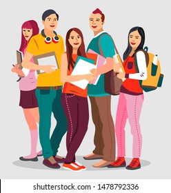 People and Education. Group of happy students with books. Vector illustration in a flat style