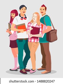 People and Education. Group of happy students with books. Vector illustration in a flat style