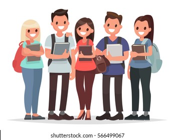 People and Education. Group of happy students with books on an isolated background. Vector illustration in a flat style
