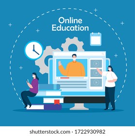 people in education online with computer vector illustration design