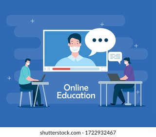 people in education online with laptops vector illustration design