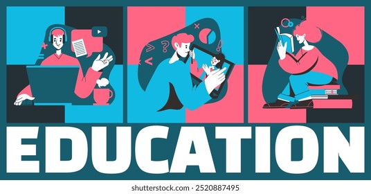 People education. Student course. School lesson. Girl reading book. Video webinar. Guy at laptop. University knowledge. E-learning educational distance technology. Online training. Vector color banner