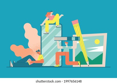 People with education things symbol group on blue background